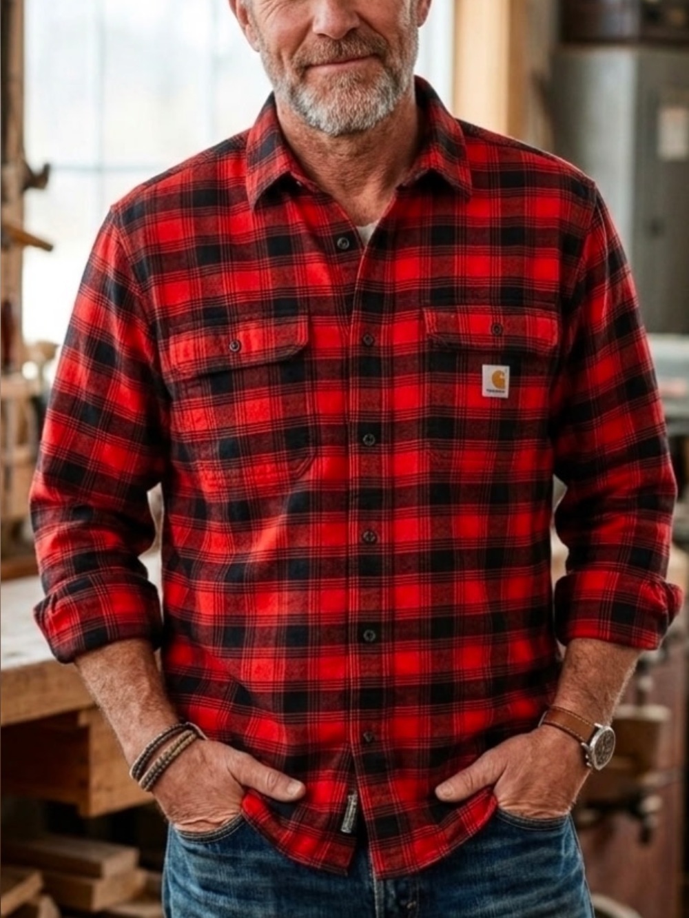 Carhartt Red and Black Plaid Flannel Button-Down Shirt